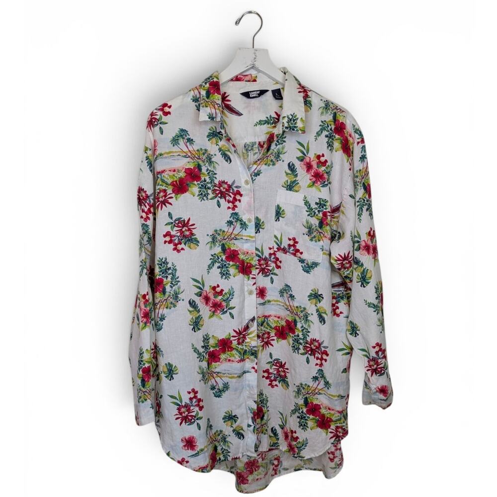 LANDS' END Island Tropics Floral 100% Linen Longtail Shirt - Large (14-16)
